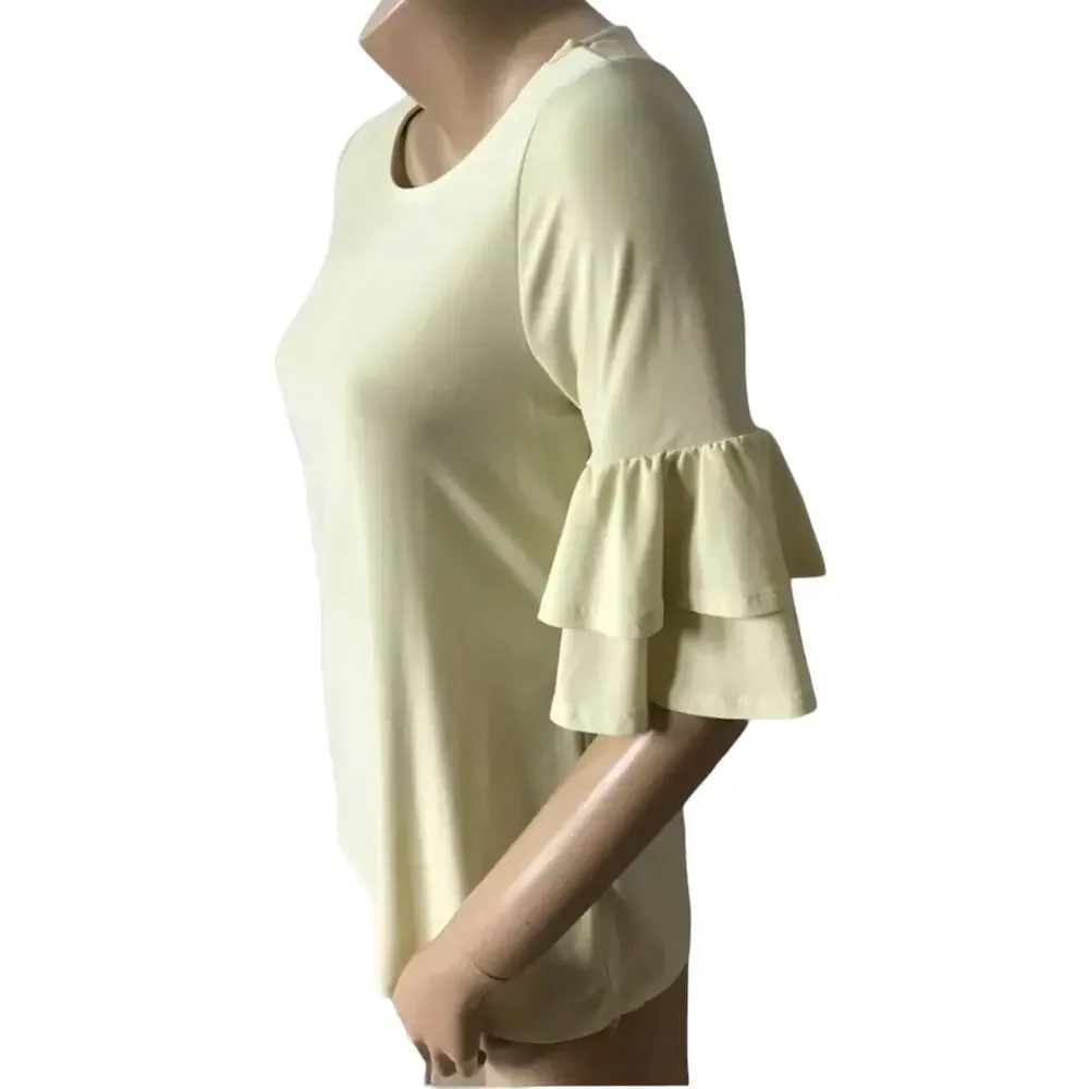 Faith and Joy Monteau Top Womens Small Yellow Ruffle Bell Sleeve Stretch Blouse